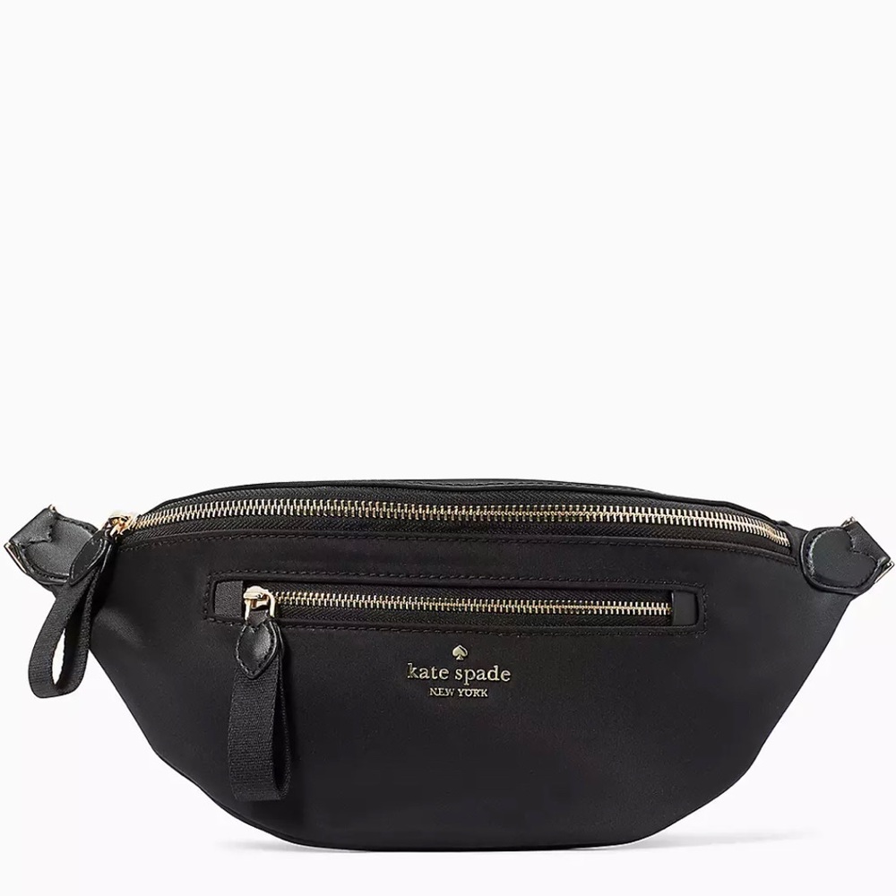 USED KATE SPADE NYLON CHELSEA BETTER BLACK BELT BAG FANNY LEATHER TRIM $249